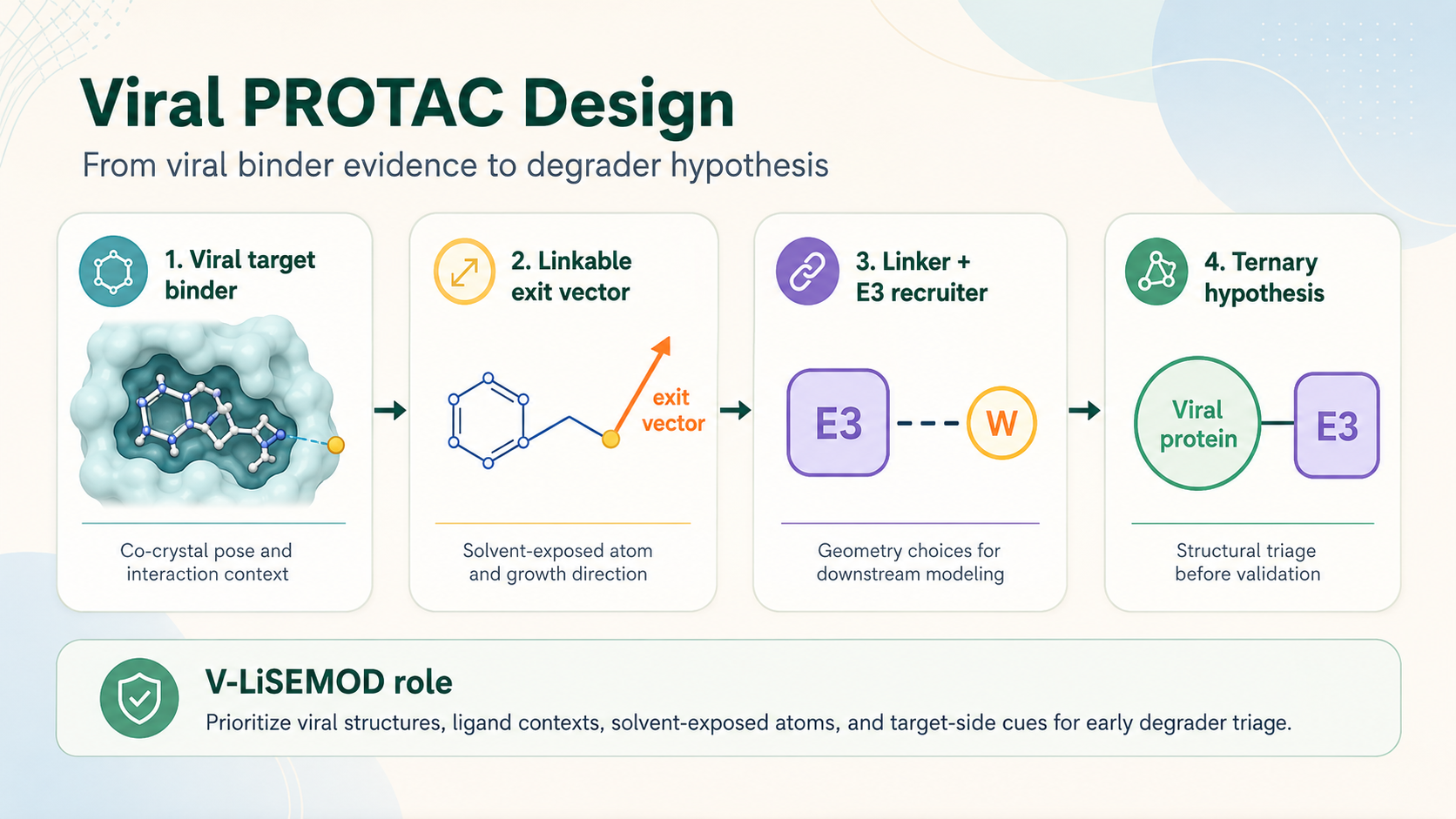 Viral PROTAC design infographic showing the progression from viral target binder to linkable exit vector, linker and E3 recruiter, and ternary complex hypothesis.